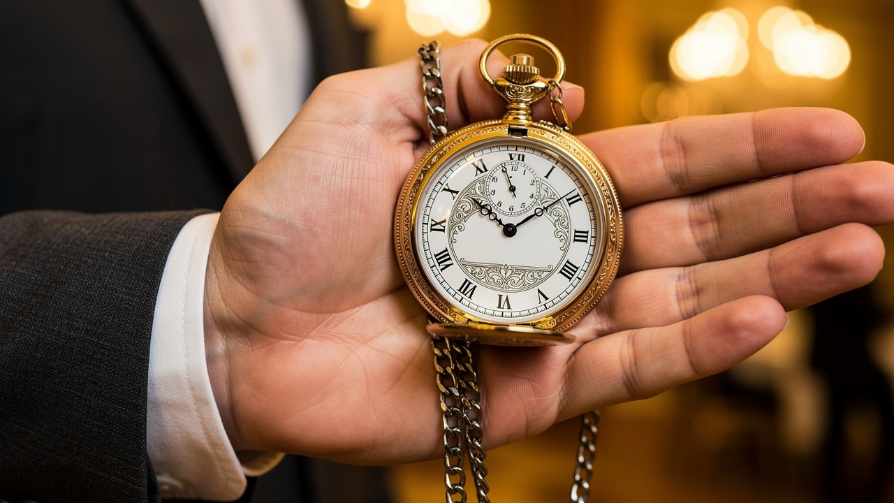 Homme en costume tenant une montre à gousset ouverte
