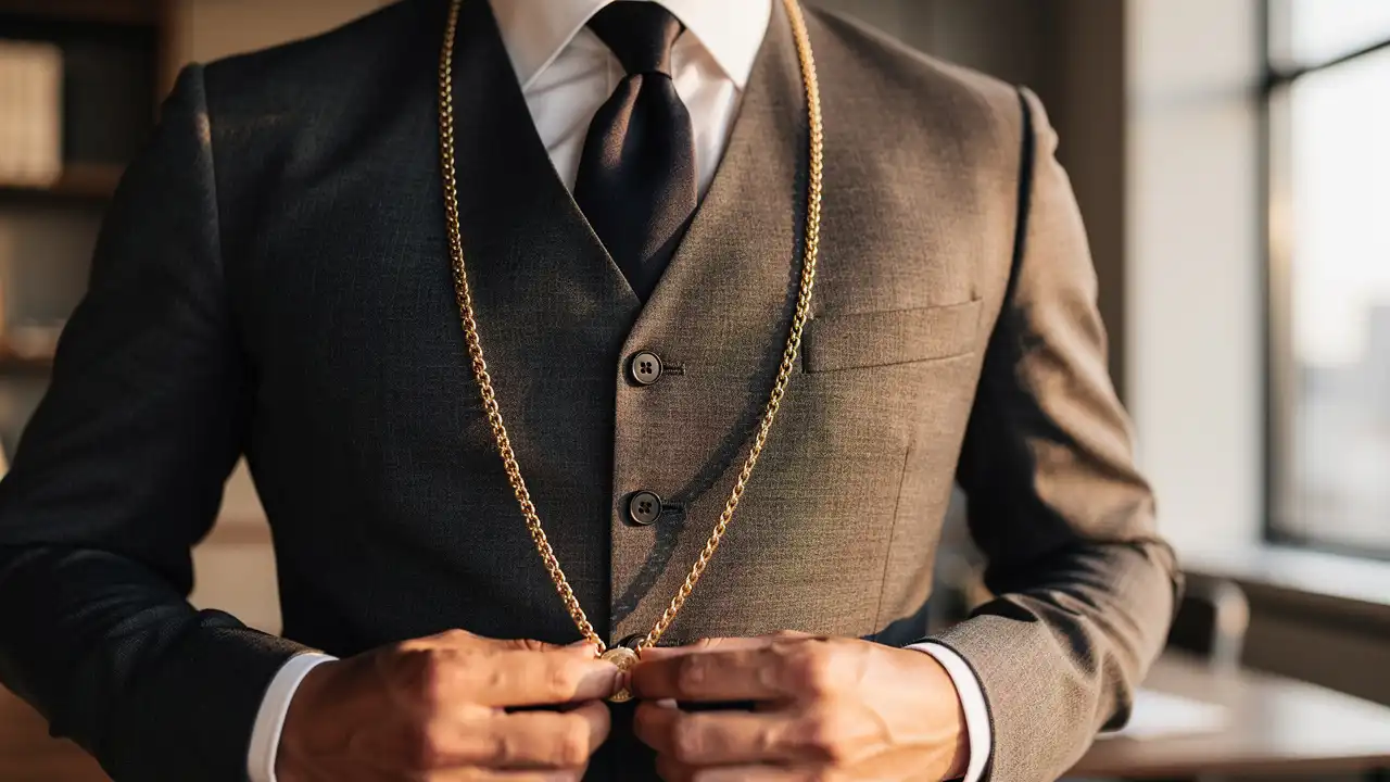 Homme en costume trois-pièces portant une montre à gousset