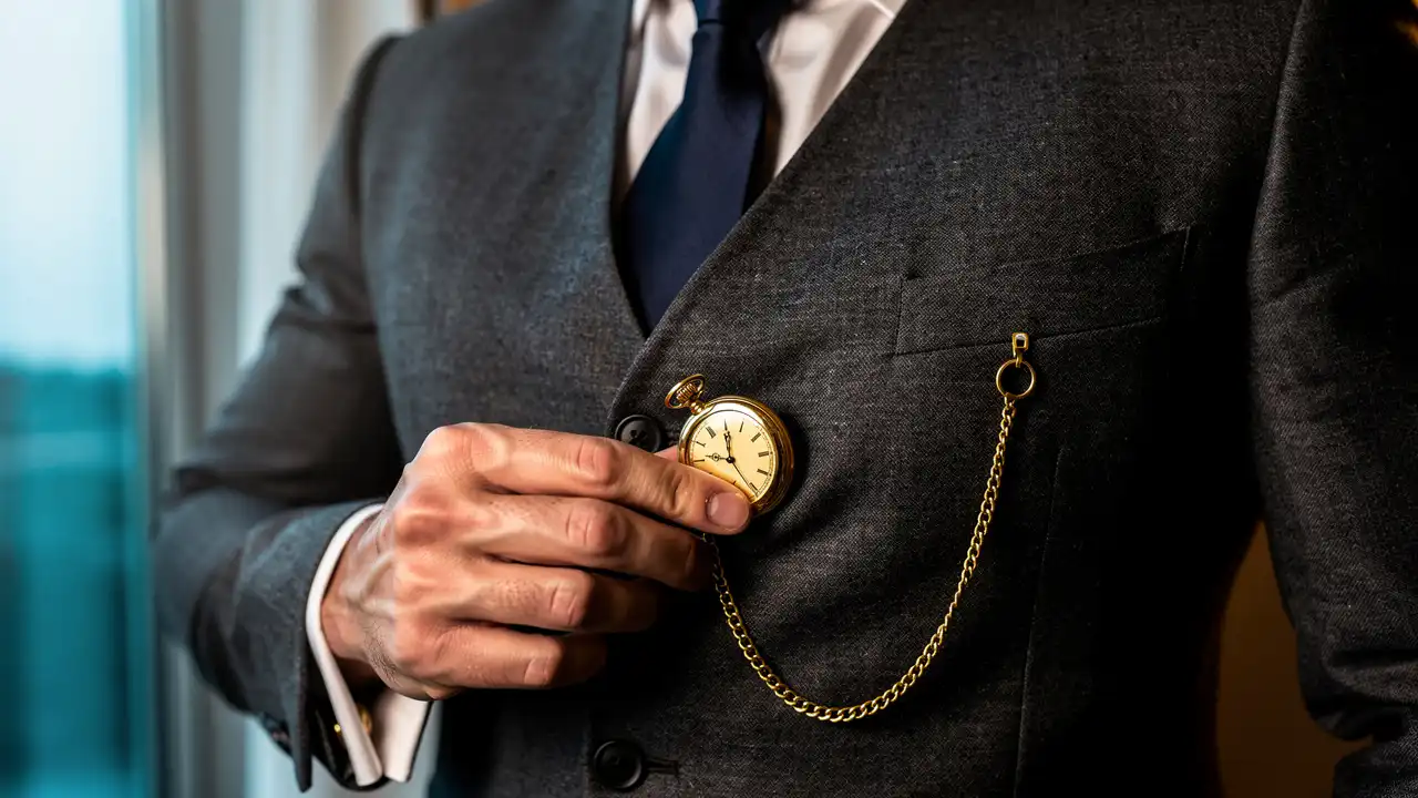 Homme portant une montre de poche dans un gilet de costume