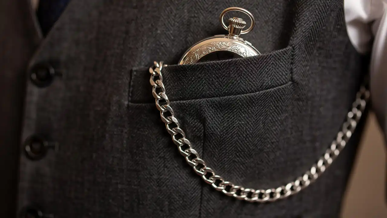 Montre à gousset bien positionnée dans la poche du gilet