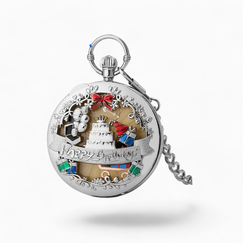 Montre à gousset musicale ornée d'un gâteau d'anniversaire et de notes de musique colorées, avec l'inscription "Happy Birthday" parfaite pour un cadeau d'anniversaire.
