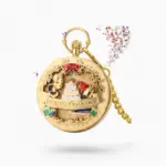 Montre à gousset musicale dorée avec inscription "Happy Birthday", motifs de gâteau d'anniversaire, nœud rouge et notes de musique colorées sur fond blanc.