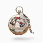 Montre à Gousset Musicale Joyeux Anniversaire avec chaîne et décoration de gâteau en relief, posée sur une table avec notes de musique colorées et un livre de Charles Darwin en arrière-plan.