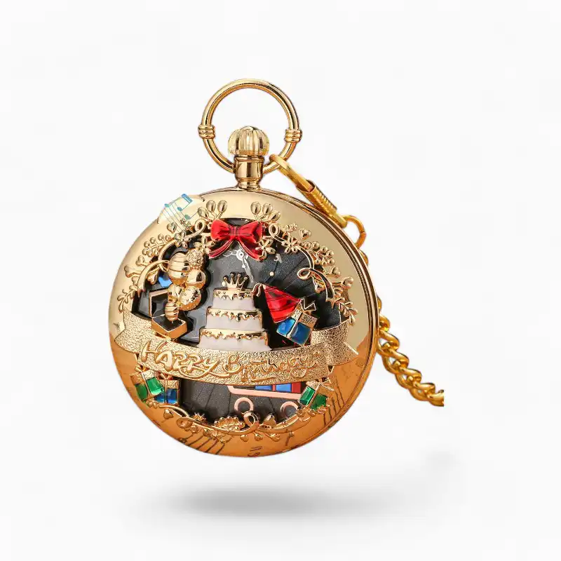 Montre à gousset musicale dorée avec motif gâteau d'anniversaire et notes de musique colorées, idéale pour un cadeau d'anniversaire.