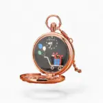 Montre à gousset musicale "Joyeux Anniversaire" en métal cuivré avec cadran noir affichant des ballons et des notes de musique, posée sur fond de livres anciens et partitions.