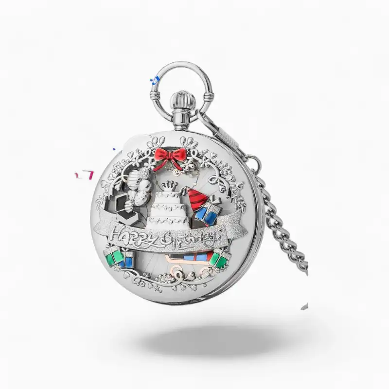 Montre à Gousset Musicale avec motif Joyeux Anniversaire, décoration de gâteau, notes de musique colorées et chaîne argentée.
