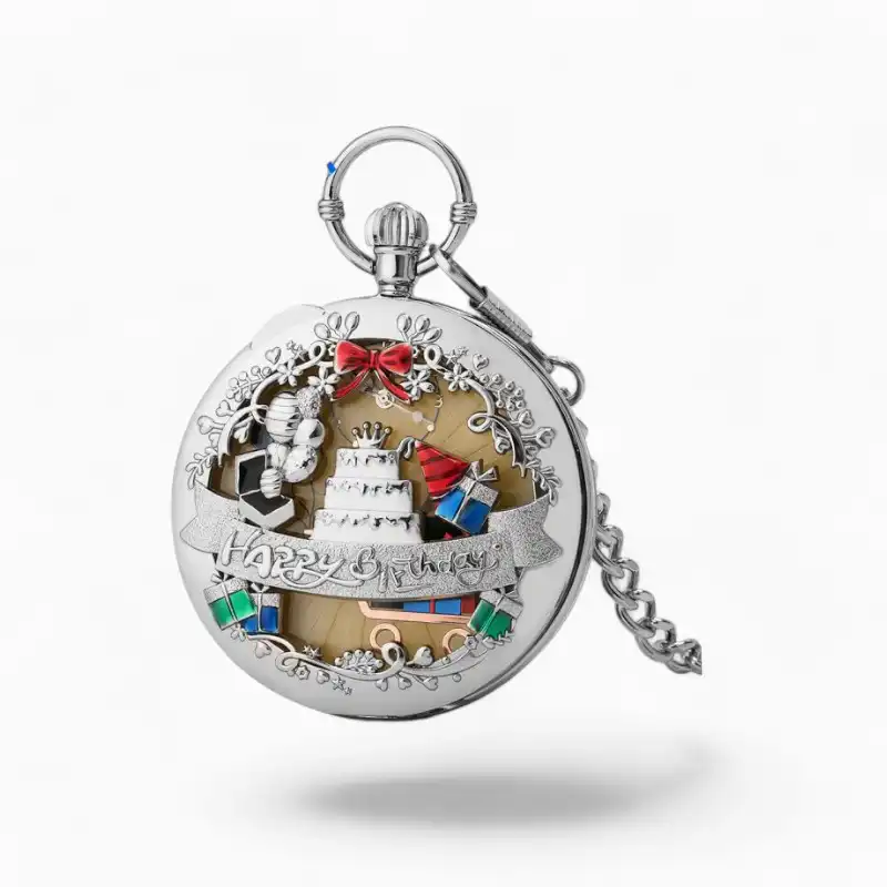 Montre à Gousset Musicale avec inscription Joyeux Anniversaire, décoration festive et notes de musique colorées.