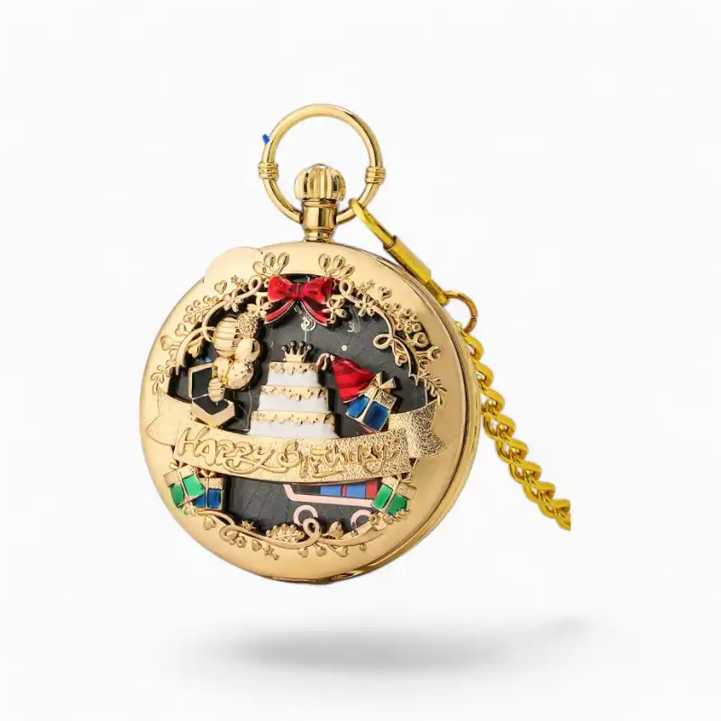 Montre à gousset musicale dorée avec inscription "Happy Birthday", motif gâteau d'anniversaire et notes de musique colorées.