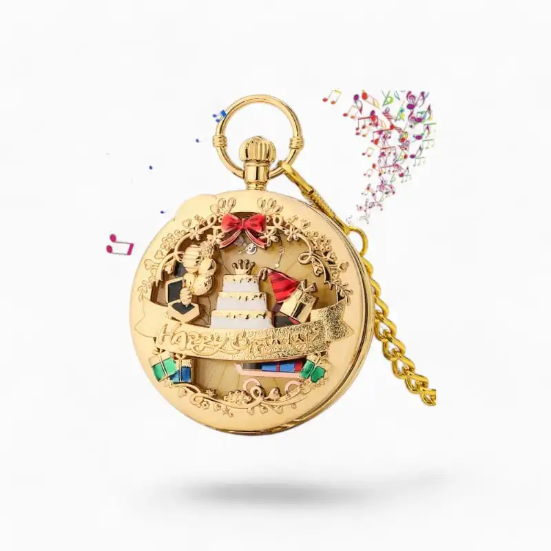 Montre à Gousset Musicale dorée avec détails élaborés, représentant un gâteau d'anniversaire et inscription "Happy Birthday" entourée de notes de musique colorées.