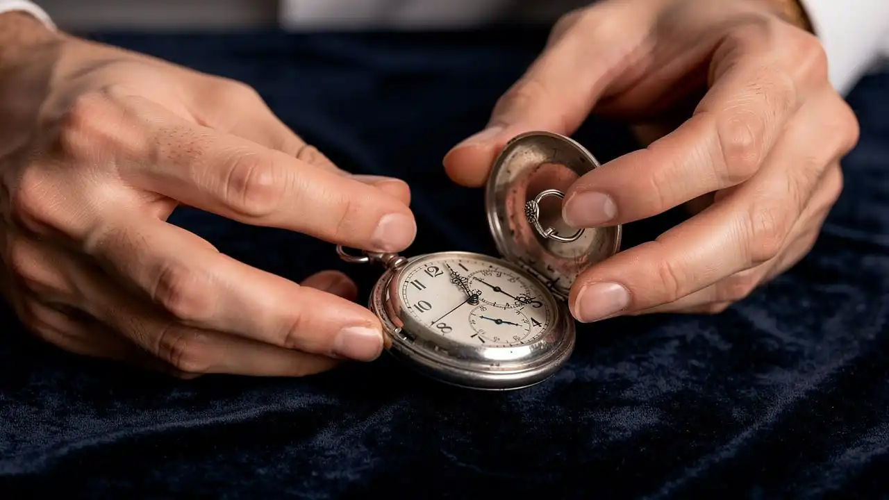 Mains masculines tirant délicatement la couronne d'une montre