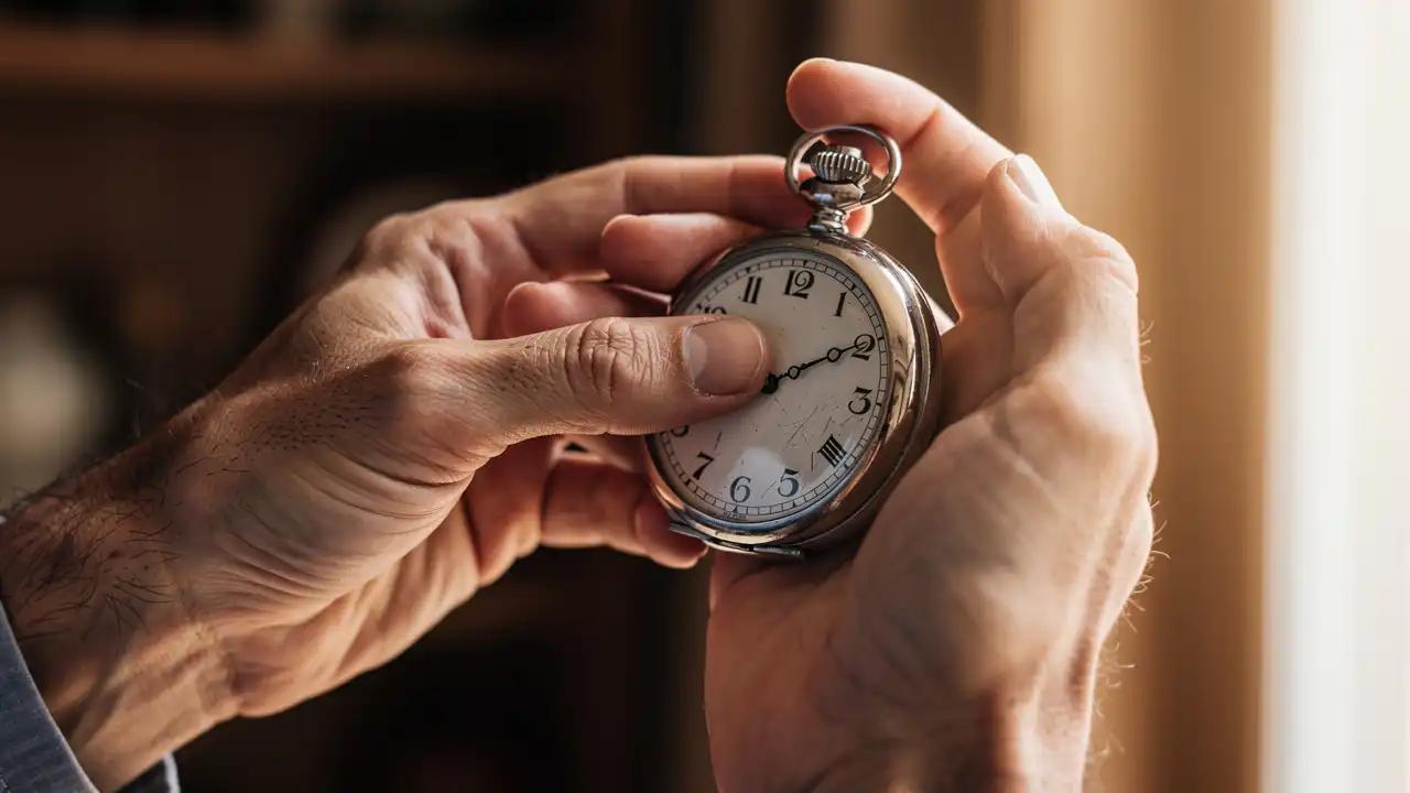 Mains remontant délicatement une montre à gousset
