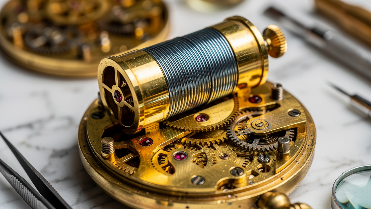 Barillet et ressort moteur d'une montre mécanique en gros plan