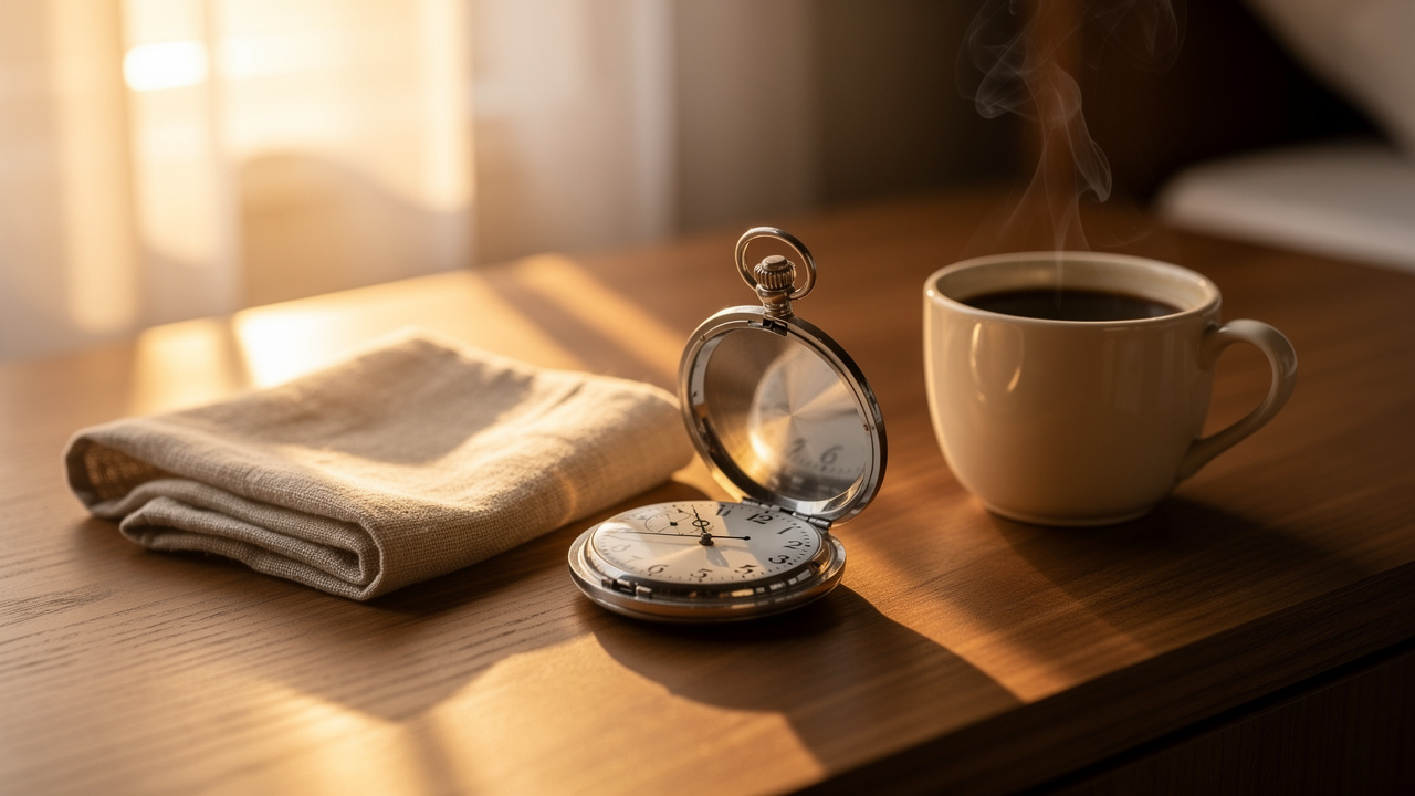 Rituel matinal avec montre à gousset et café