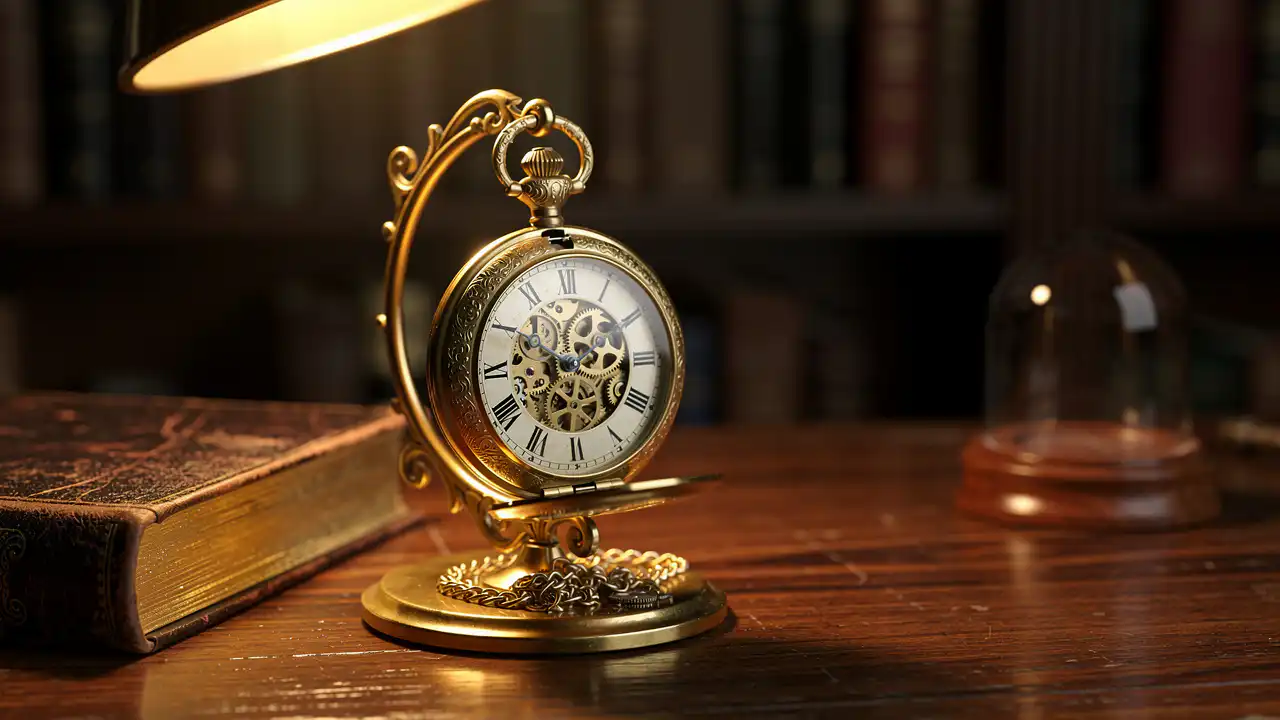 Montre à gousset mécanique suspendue sur socle en laiton