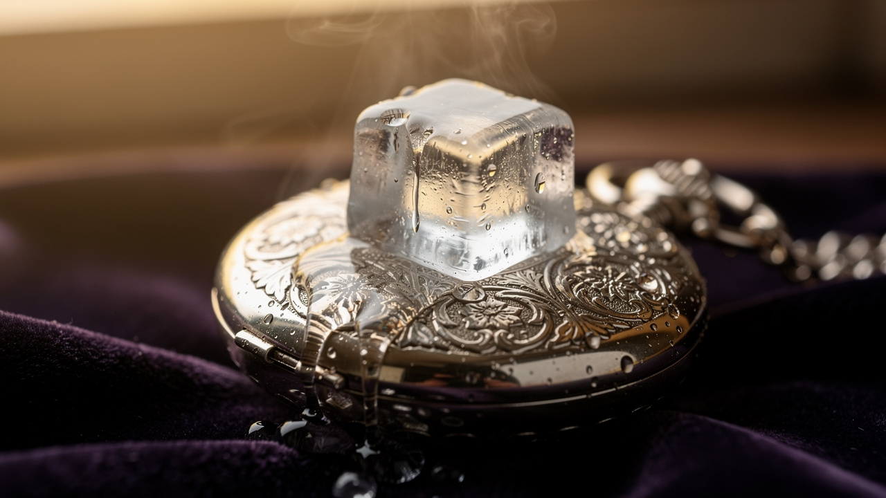 Glaçon fondant rapidement sur montre à gousset en argent