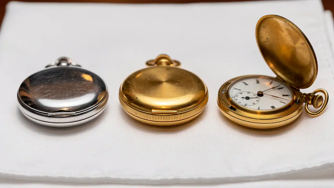 Trois types de boîtiers montre à gousset côte à côte