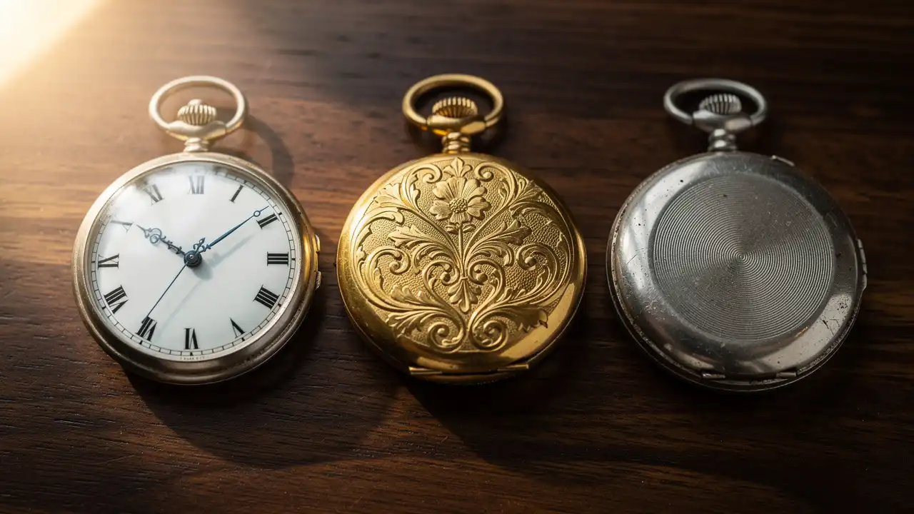 Trois types de boîtiers de montres à gousset côte à côte