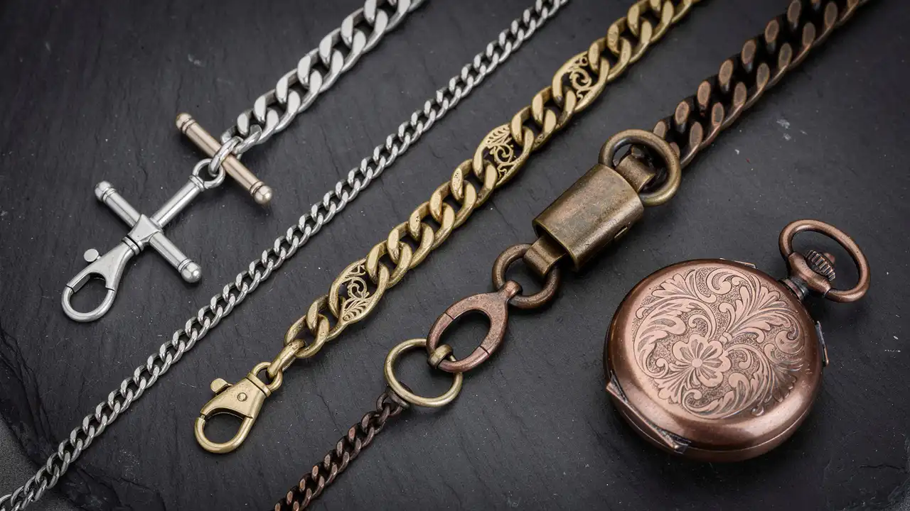 Quatre types de chaînes pour montre à gousset sur ardoise