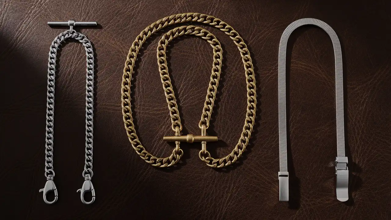 Trois types de chaînes pour montre à gousset sur cuir sombre