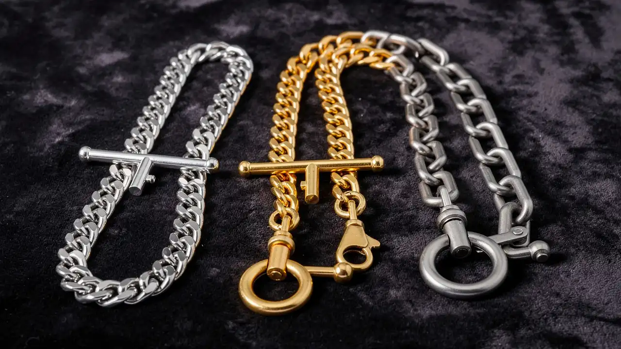 Trois types de chaînes pour montre à gousset sur velours sombre